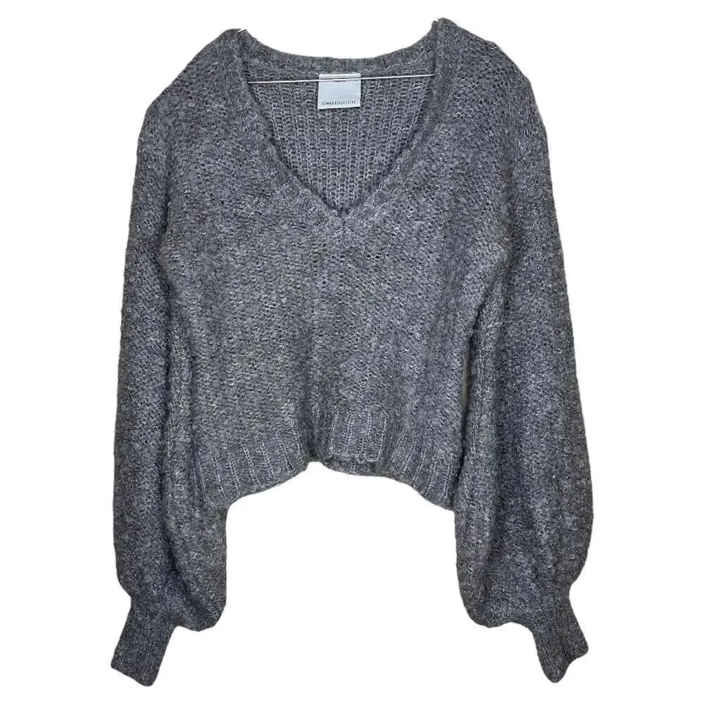 Whimsical Puff Sleeve Sweater C/MEO Chunky Gray V-neck Business Casual Top XS